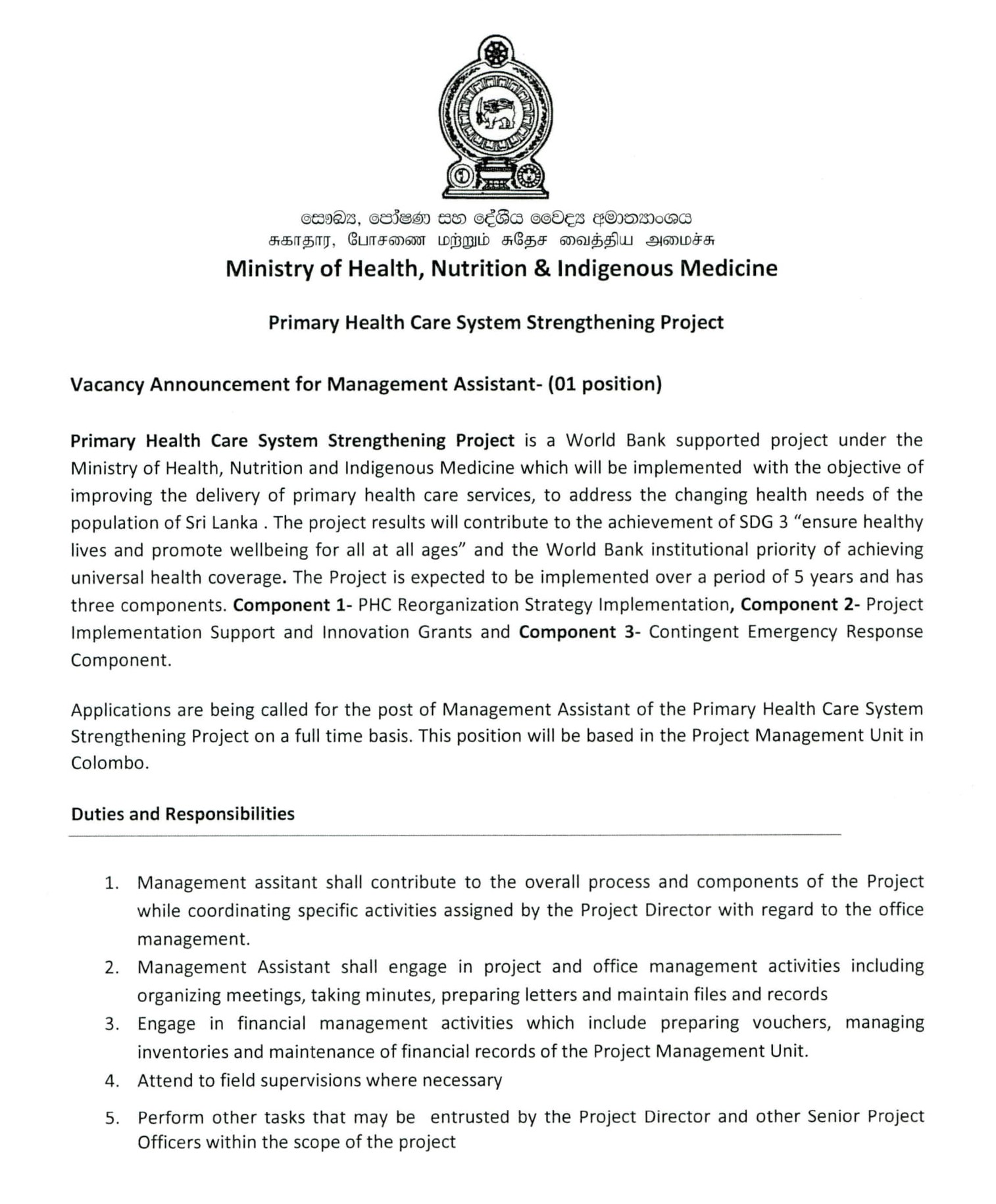 Management Assistant - Ministry of Health, Nutrition & Indigenous Medicine